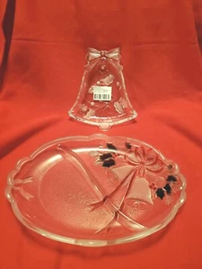 Mikasa Clear Glass Candy Dishes Oval Divided, Holly, Bells - Picture 1 of 9