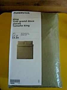 NEW IKEA PUDERVIVA King Duvet cover 2 pillowcases set Light Olive Green Linen  - Picture 1 of 9