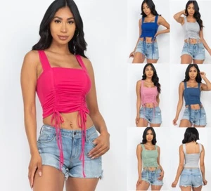 Women's Ruched Square Neck Cropped Tank Top String Stretch Knit Soft Sleeveless - Picture 1 of 17