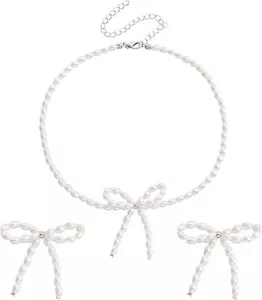 SET ORECCHINI E COLLANA FIOCCO, PERLINE BIANCHE CON CHIUSURA ARAGOSTA - Foto 1 di 5
