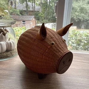 Vintage Straw Rattan Weave Pig Bank Original Tag Zhejiang Handcrafts Bamboo - Picture 1 of 15