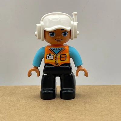 LEGO DUPLO Construction Worker Figure Man Orange Vest White Hat #14 - Image 1 of 3