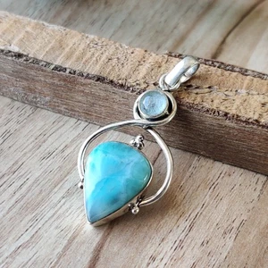 Colgante Larimar Natural y Piedra Lunar Plata de Ley 925 Hecho a Mano PG8099 - Imagen 1 de 3