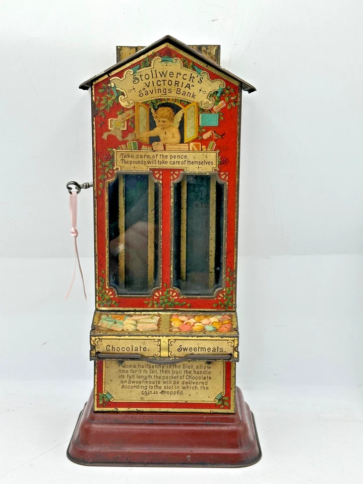 Stollwerck “Victoria” money box German Tin Litho Candy Dispenser very rare - Image 1 of 4