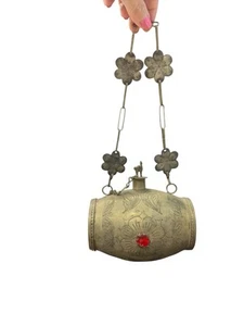 Vintage Brass Etched Flask with Jewel & Ornate Flower Strap 5.5" South Asian Dec - Picture 1 of 1