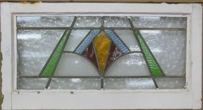 GEOMETRICAL OLD ENGLISH LEADED STAINED GLASS WINDOW TRANSOM 30.5" X 17" - Image 1 of 3