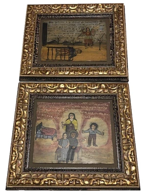 Antiguo Retablo Mexicano Óleo sobre Lata Arte Popular Personalizado Marco de Madera Dorada Italiano (Juego) Foto 1 de 4