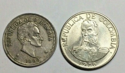 1966,1976 Republic de Columbia 20 Centavos & 1 Peso Bolivar, Corn cob, Arms  - Image 1 of 4