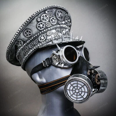 Gorra Capitán Steampunk Plateada Metálica con Máscara de Gas Plateada para Fiesta y Gafas Spike Foto 1 de 4