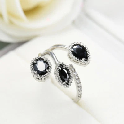 Handmade Cool Party Jewelry Flower Style Black Onyx Gems Silver Adjustable Rings - Image 1 of 4