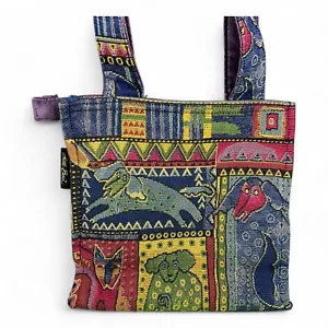 Laurel Burch Dog Patchwork Purse 2 Strap Tote Bag Red Blue Green Colorful Zipper - Picture 1 of 8