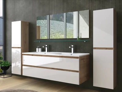Doppelwaschtisch Eiche /Weiß Hochglanz Doppel Waschbecken Badezimme Badmöbel Set - Bild 1 von 4