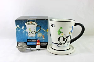 Pfaltzgraff Penguin Skate Embossed Mug with Lid and Tea Strainer Infuser Set - Picture 1 of 8
