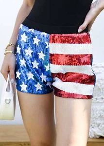 Women's Mid Rise July 4th USA Flag Star Stripes Sparkly Sequin Shorts - Picture 1 of 13