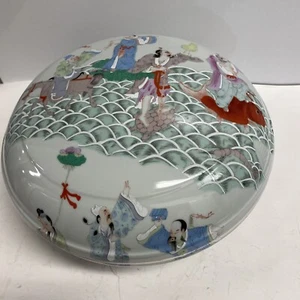 Gran tazón de porcelana rosa familia china con tapa 8 inmortales mediados del siglo XX - Imagen 1 de 12