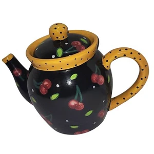 Bella Casa By Ganz Novelty Teapot Black Cherry Polka Dot Kitchen Decor - Picture 1 of 7