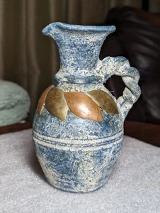 Vintage 6.5" Tall Textured Blue Clay Pitcher with Applied Brass & Copper Accents - Picture 1 of 11