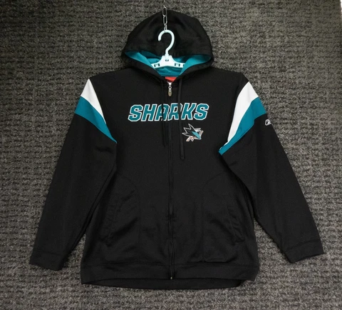 San Jose Sharks Jacket Mens Large Full Zip Hooded Reebok Face Off NHL Black Logo Cover