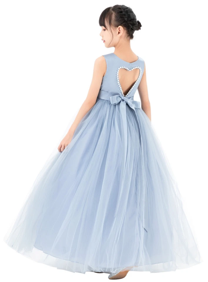 Heart Cutout Satin Tulle Flower Girl Dress with Pearl Beaded Trim Ball Gown - Image 1 of 1