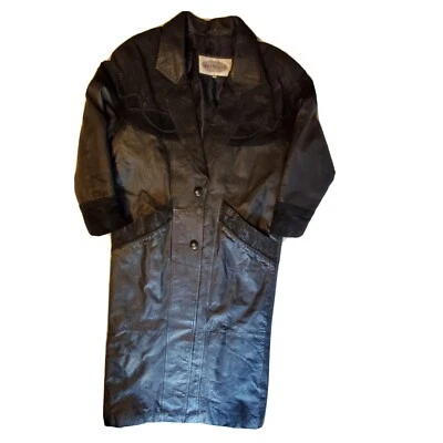 Vintage Womens Winlit Black Full Length  Leather Trench Coat Embellished Medium  - Image 1 of 4