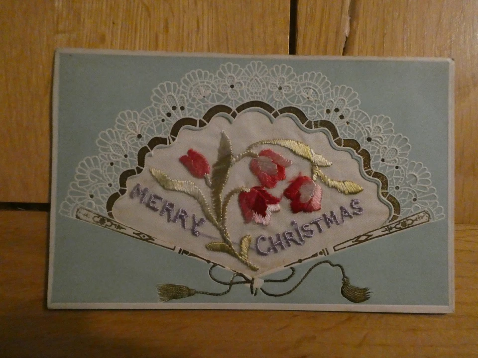 WW1 Woven Silk Postcard. Fan Shape. MERRY CHRISTMAS - Image 1 of 2