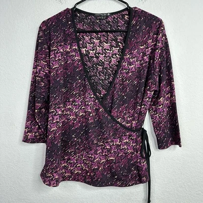 Central Park West Shirt Women L Purple Abstract Wrap Tie Waist 3/4 Sleeve Career - Image 1 of 4