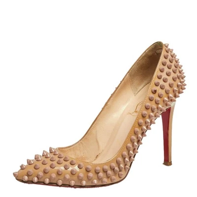 Christian Louboutin Beige Patent Leather Pigalle Spikes Pointed Toe Pumps Size - Image 1 of 4