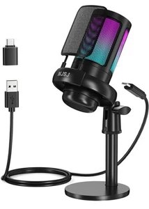 NJSJ USB Microphone for PC, RGB Gaming Mic with Mute Button Condenser Microphone - Afbeelding 1 van 3