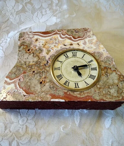 Vintage Clock set in Stone. Clock does not work. Base 8.5 In.  6.5 In. Tall Cover