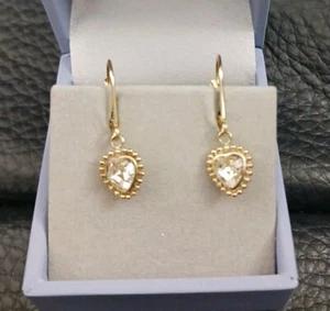10Kt Yellow Gold Leverback Dangle/Drop Heart Shaped Earrings - Picture 1 of 12