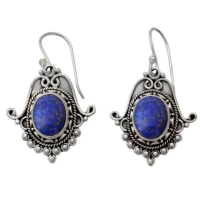 Lapislazzuli Ovale Forma 925 Argento Sterling Artigianale Originale Orecchini - Immagine 1 di 4
