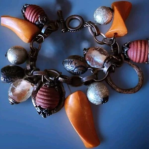 Boho Charm Bracelet Copper Bronze Orange Lucite Wood Chunky Dangling 8" - Picture 1 of 7