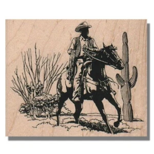 Mounted Rubber Stamp, Cowboy Riding Horse,Cactus,Western,Ranch,Man,People,Animal - Picture 1 of 2