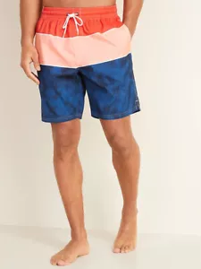 NWT Old Navy RedCoralBlue Colorblock Swim Trunks Board Shorts 8" UPF-40 Men L - Picture 1 of 1