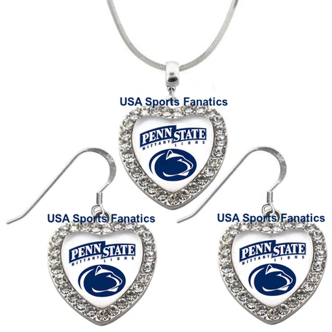 Penn State Nittany Lions 925 Necklace Earrings or Set Team Heart W/ Rhinestones Cover