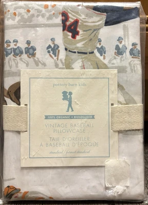 NEW! Pottery Barn Kids VINTAGE BASEBALL PILLOWCASE Standard Organic Cotton - Image 1 of 4