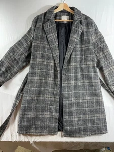A New Day Women's Plaid Long Belted Wrap Trench Coat Jacket Gray Size L - Picture 1 of 17