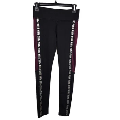 Victoria's Secret Pink Cozy Fleece Leggings Lined Black Maroon Logo Pocket Small - Image 1 of 4