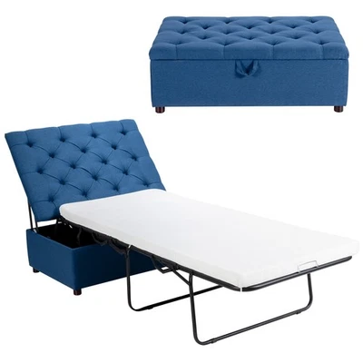 Costway Folding Ottoman Sleeper Bed with Mattress Convertible Guest Bed Blue - Image 1 of 4
