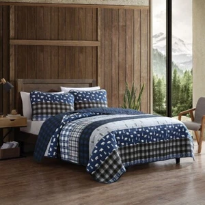 Quilt Set Blue Gray Plaid Pillow Shams Reversible Queen 3 Piece Cotton Bedding - Picture 1 of 7