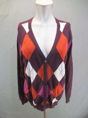 St.John's Bay Size L Womens 100% Cotton Plunging Button Up Argyle Sweater 266 - Image 1 of 4