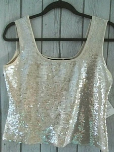  PRAGUE Beige Sequin Silk Blend Tank Top Women Size Large Pret-A-Porter NWT   - Picture 1 of 4