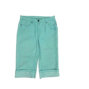 Basic Editions Embroidered Cuffed Crop Women's size 12 Teal Blue Denim jeans - Picture 1 of 3