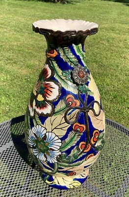 18" Signed Antique Japanese Satsuma Hand Painted Porcelain Moriage Vase - Image 1 of 4