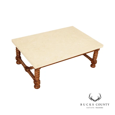 Jacobean Style Barley Twist Travertine Stone Top Coffee Table Cover
