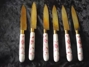 6 coltelli frutta attacco porcellana bronzo uchazio dipinto rosso - Foto 1 di 3