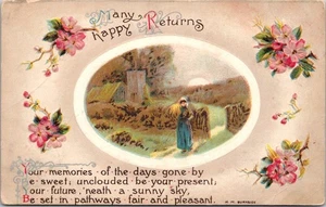 Birthday Many Happy Returns Church Scene H M Burnside 1910s Postcard - Picture 1 of 2