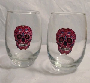 2 Cristar Mikonos Sugar Skull stielloses WEINGLAS Tag der Toten lila Neu mit Etikett 15 Unzen - Bild 1 von 11
