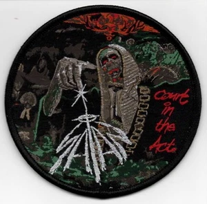 SATAN-COURT IN THE ACT-WOVEN PATCH-ROUND-BLACK BORDERS-SILVER GLITTER THREAD - Picture 1 of 1