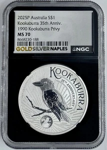 2025 Silver Kookaburra NGC MS 70 $1 Coin 35th Anniversary 1990 Privy 1 Oz Black - Picture 1 of 2